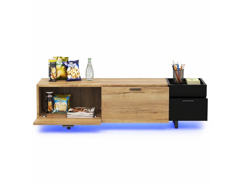 Meuble tv 180 x 38 x 49 cm avec tiroirs, led intégrée, noir et décor bois  - Conforama A