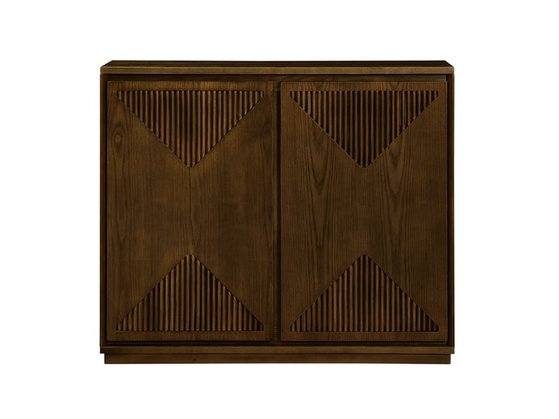  Buffet bas étroit mid-century marron avec rangement et façades à motif en v  - Conforama A