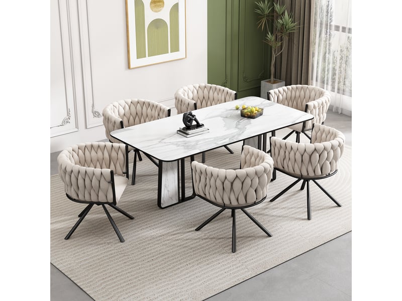 Lot de 6 chaises de salle à manger en velours, fauteuils pivotants avec 4 pieds de support en métal, beige - Conforama W