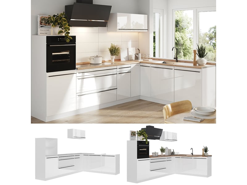  Vicco cuisine en angle, blanc haute brillanceblanc, 287 x cm plan de travail marbre  - Conforama D