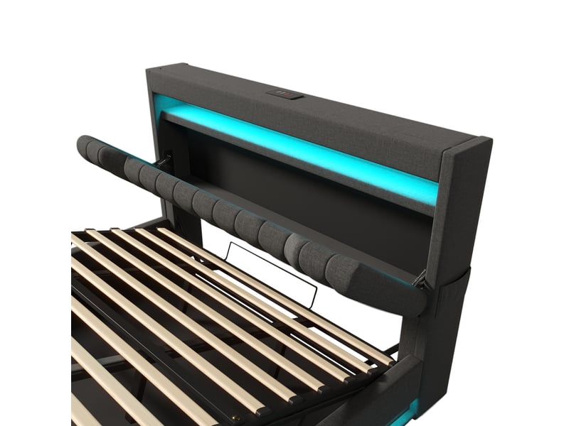  Lit coffre 160x200 cm avec matelas, tête de lit usb type-c et led, rangement hydraulique, lin gris evarich - Conforama A