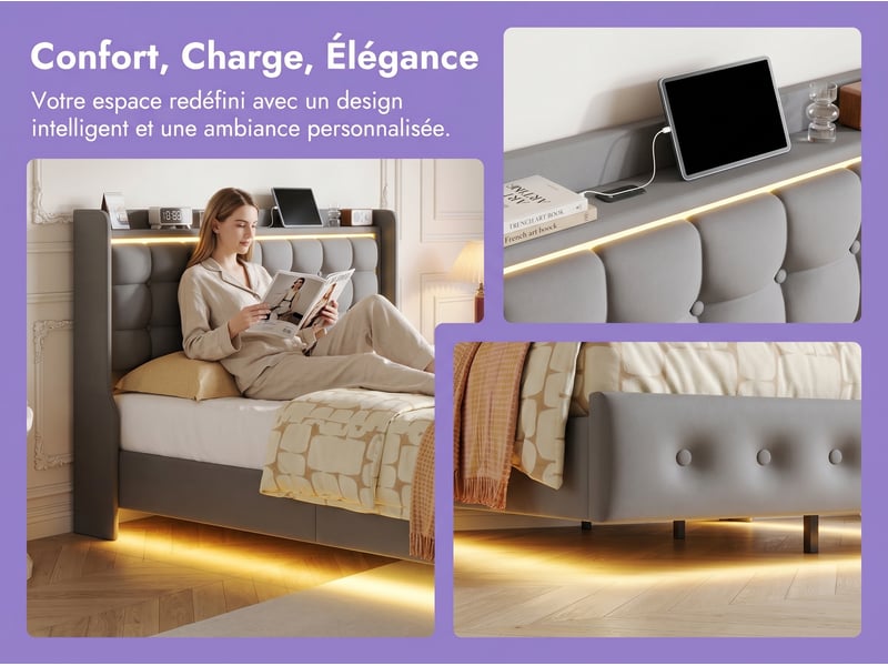  Lit 2 places - gris - led et tête de lit capitonnée avec étagère  - Conforama E