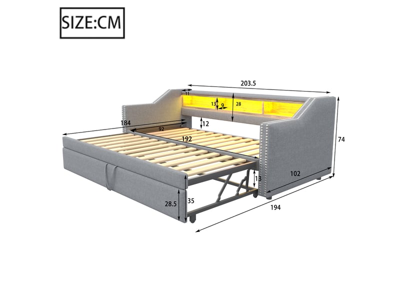 Lit banquette 90 × 190 cm 1 place et 180 × 190 cm 2 places avec 3 niches, led et usb, 2 matelas inclus - Conforama D