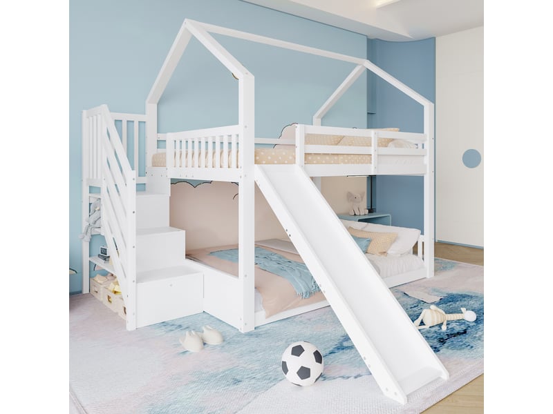 Lit superposé avec toboggan et escalier, lit cabane enfant 140x200 avec rangement, lit enfant blanc avec barrière de sécurité - Conforama B