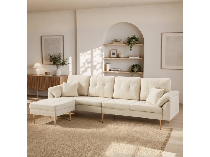 Canapé 4 places 250x70x71 cm avec pouf modulable en velours côtelé couleur beige clair - Conforama E