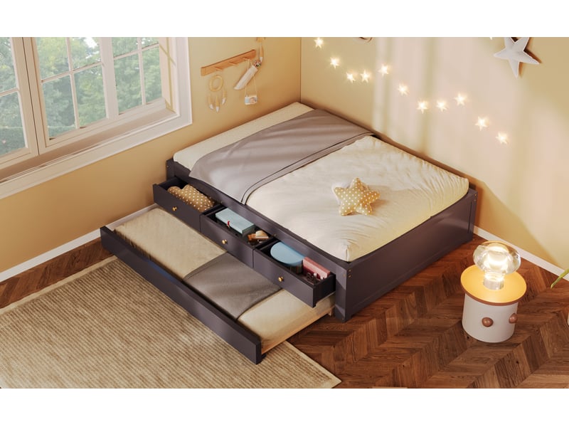  Lit enfant gigogne 90 × 200 cm, 3 tiroirs et couchage d'appoint, brun café  - Conforama B