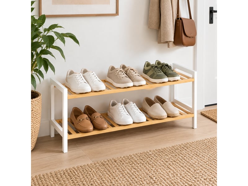 Étagère à chaussures 2 niveaux en bambou naturel & blanc, capacité 6 paires - longueur 69 x profondeur 24 x hauteur 31 cm - Conforama B