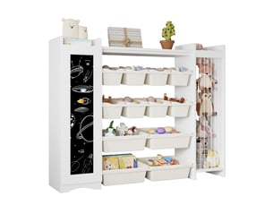 Étagère enfant avec tableau noir, rangement à cordes pour peluches, 4 grands et 8 petits bacs, meuble de rangement à hauteur adaptée, blanc