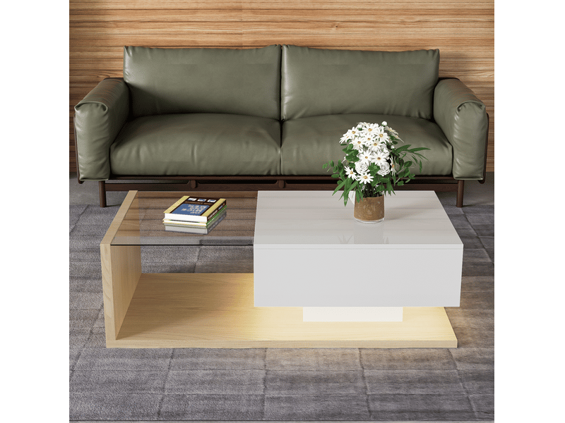  Table basse 105x55x32,5 cm avec led, panneau de particules, blanc et couleur bois  - Conforama E
