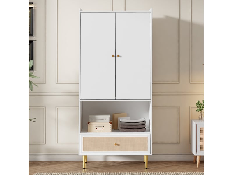  Armoire avec 2 portes, 1 tiroir en rotin et tringle, pieds métalliques, pour chambre, blanc naturel, 80 × 48 × 175 cm  - Conforama C