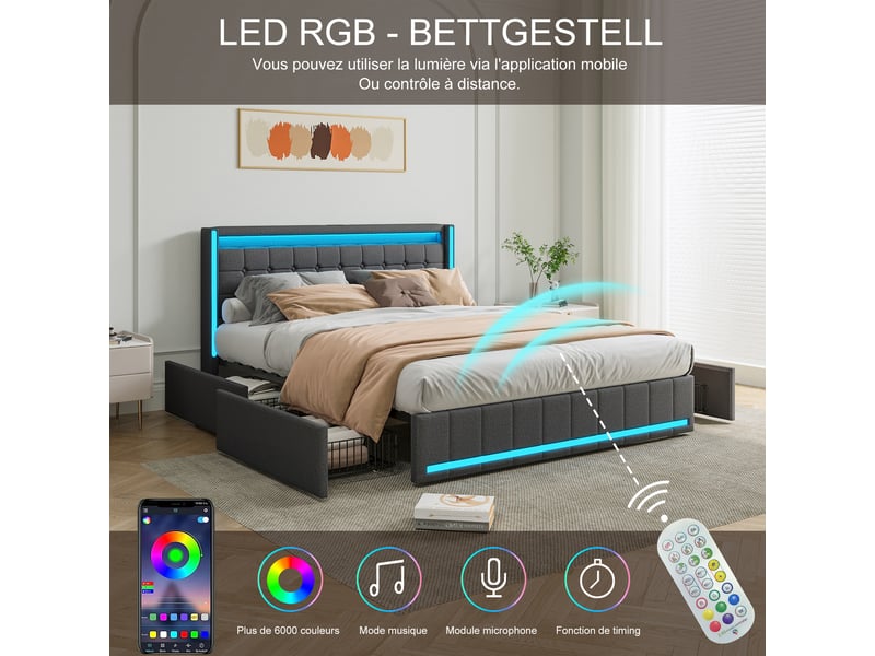  Lit 140 x 190 avec sommier,lit double 140 x 190, 4 tiroirs de rangement, bandeau led port usb, revêtement tissu lin, gris  - Conforama E