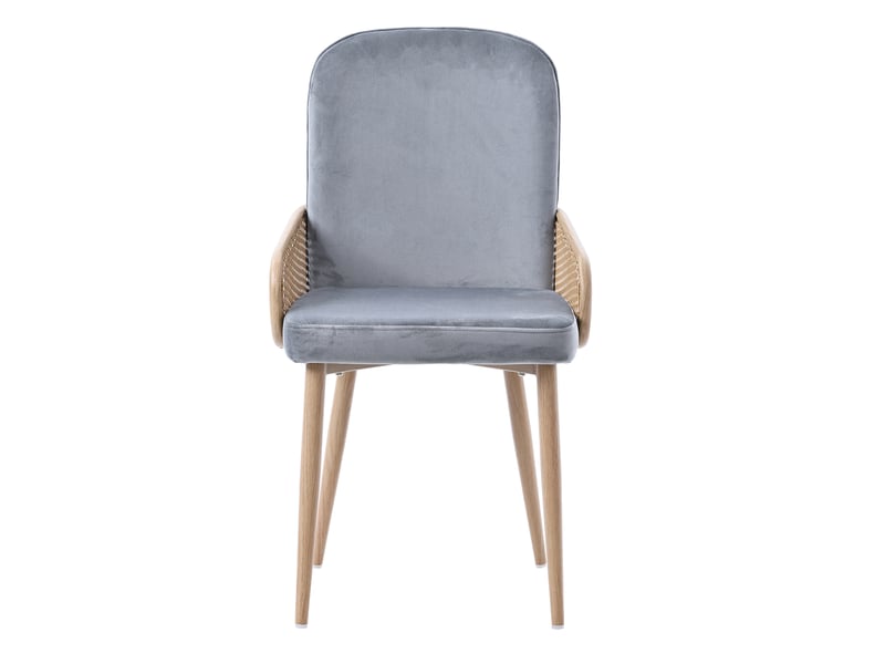  Chaise de salle à manger lot de 2 à dossier effet rotin  - pieds métal finition bois, velours gris  - Conforama A