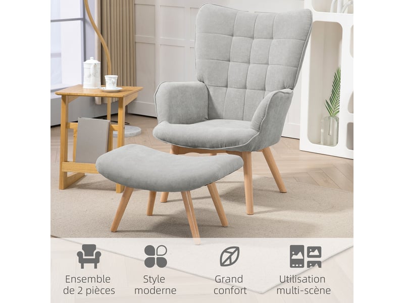 Fauteuil avec repose pied, dossier haut, pour salon chambre à coucher gris, pieds en bois et tissu aspect velours côtelé  - Conforama R