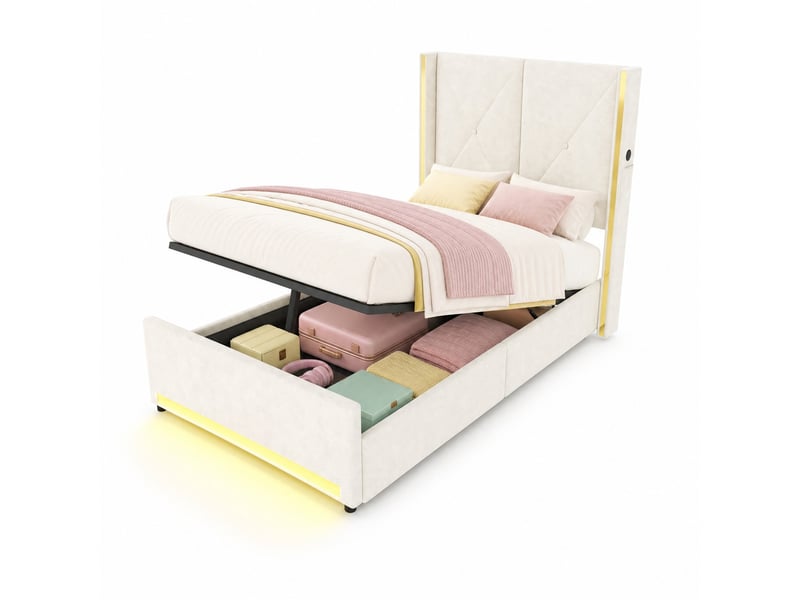  Lit coffre simple 90×200 cm avec usb, type-c, led réglable et poches - okmyhome- beige, sans matelas  - Conforama A