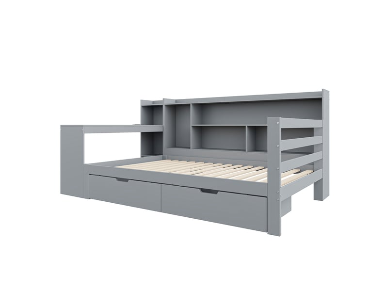 Lit multifonction 90x200 cm avec bureau, rangements et prise, pin gris, sans matelas - Conforama W