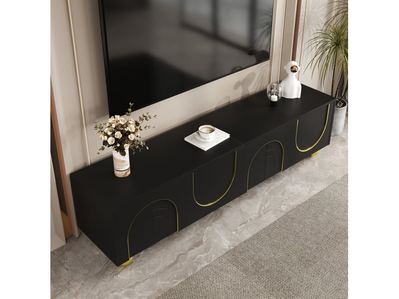  Meuble tv modenvie 170 x 38 x 44 cm 4 portes push to open noir et doré  - Conforama E