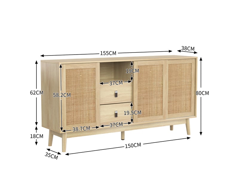  Buffet bas modenvie 155 x 38 x 80 cm 3 portes coulissantes en rotin 2 tiroirs bois clair  - Conforama C
