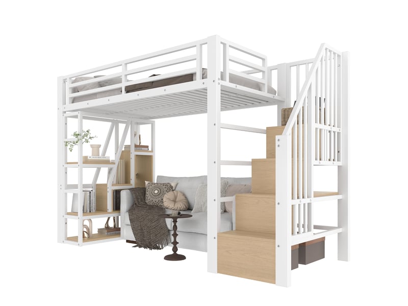  Lit mezzanine enfant 90 x 200 cm en métal et mdf blanc avec led et rangements  - Conforama A