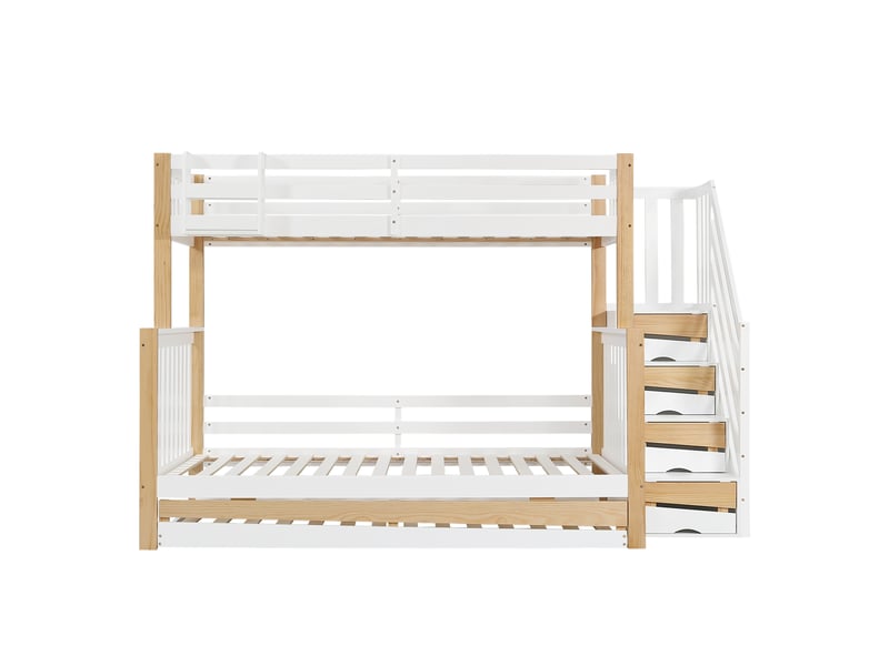  Lit superposé enfants blanc et bois, avec rangement escalier et sommier à lattes, dimensions 90x200 &amp; 120x200 cm  - Conforama R
