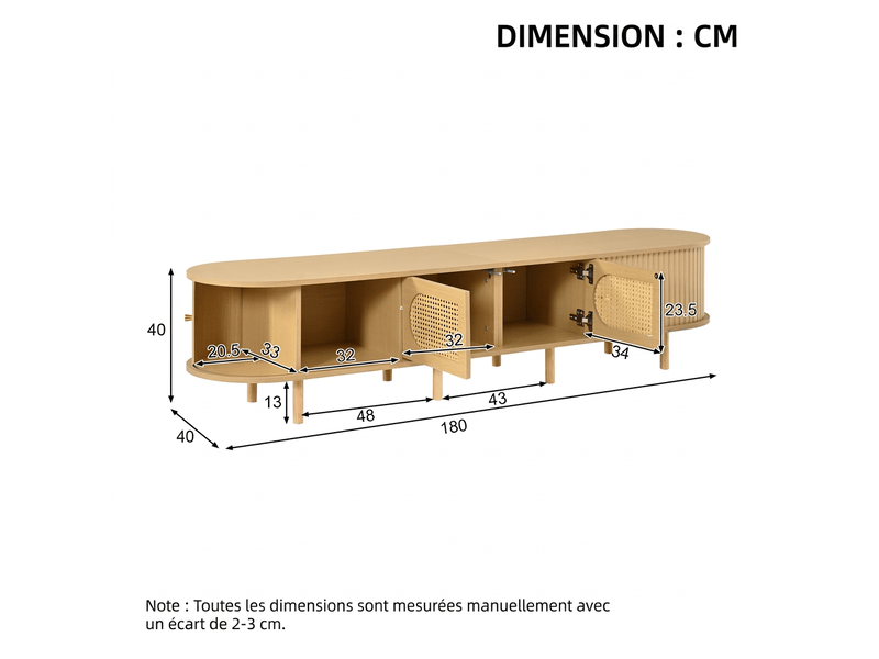  Meuble tv 180 cm ovale rotin bois clair - 4 portes mdf pour 75 pouces  - Conforama C
