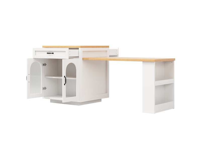  Desserte extensible blanche mdf, 2 portes en verre strié, 2 tiroirs et led, 126-196x59x94 cm  - Conforama E