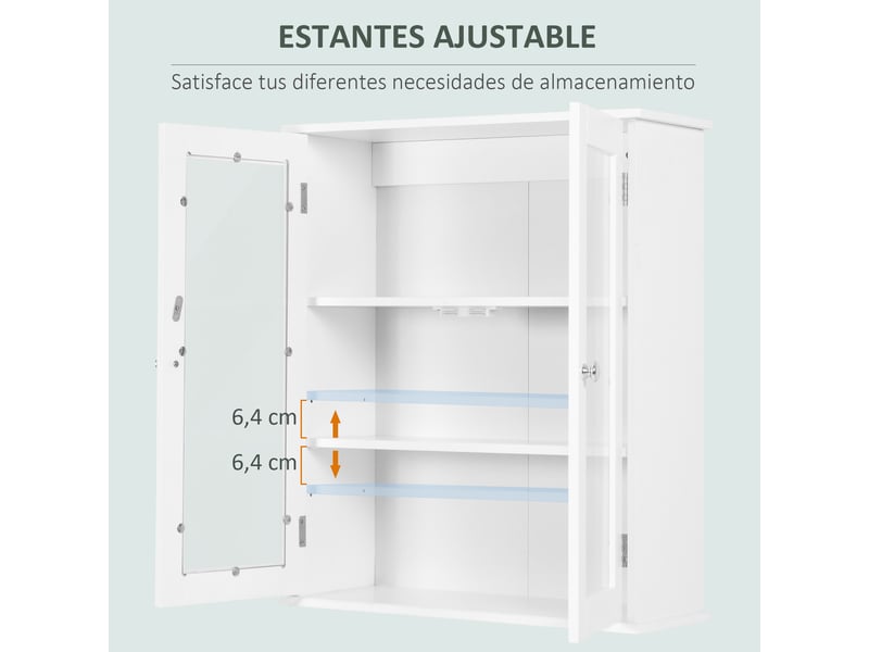  Armoire murale blanche pour salle de bain, 2 portes vitrées, 3 étagères réglables, 55 x 20 x 65 cm  - Conforama W