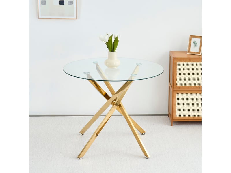  Table à manger ronde – plateau en verre trempé et pieds métalliques dorés – ø 80 x h 76 cm  - Conforama C