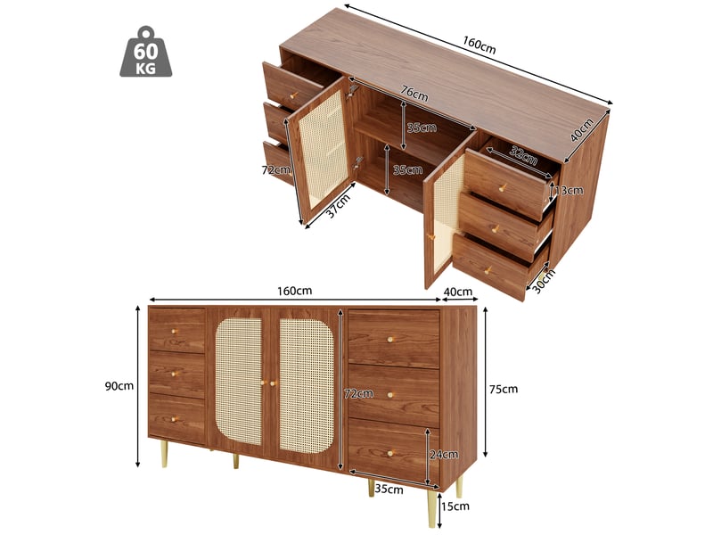 Buffet design moderne avec tiroirs et portes en rattan, meuble de rangement cuisine salon, couleur brun, dimensions 160x40x90 cm - Conforama C