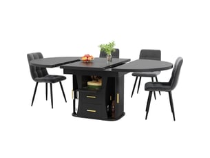 Table de salle à manger extensible ronde noire en mdf, 118 à 158 cm, jusqu’à 6 personnes et rangement intégré