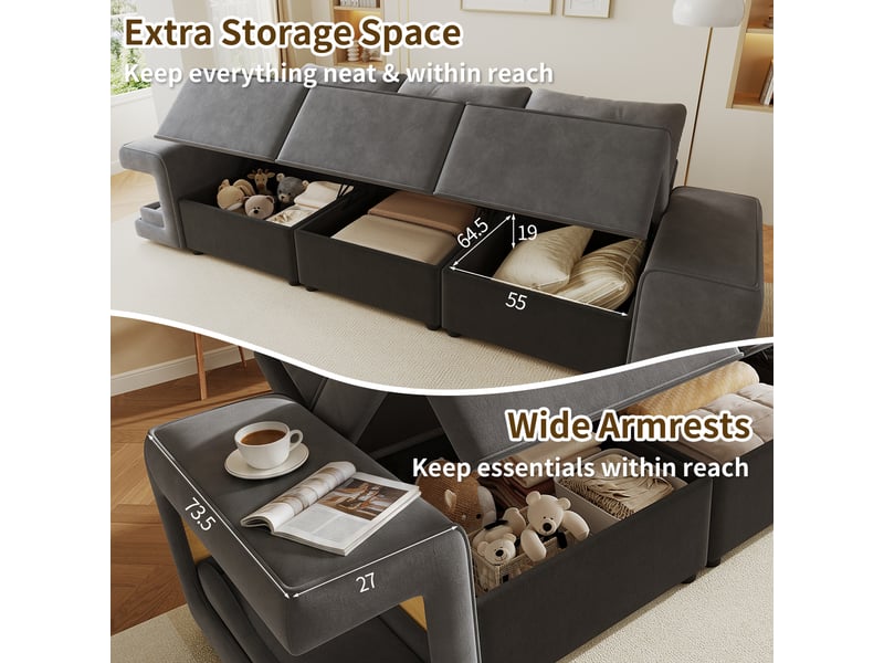  Canapé modulable 3 places, velours gris avec accoudoirs larges, canapé avec rangement intégré et niche intégrée pour salon, 229.5cm  - Conforama E