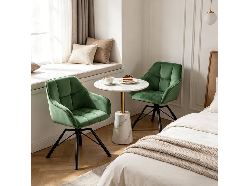  Chaise de salle à manger 57x50x82,5cm, cadre en métal, finition vert foncé, rotation 360°, avec accoudoirs, lot de 2  - Conforama E