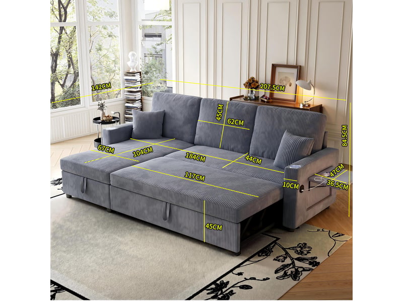  Canapé d’angle (à gauche) convertible 3 places 207,5 x 142 x 84,5 cm, avec rangement, assise spacieuse et méridienne, velours côtelé, gris OMNIGLINT TRADING LTD - Conforama D