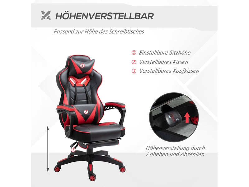  Chaise de bureau gamer avec fonction massage, dossier inclinable à 170° et repose-pieds réglable en similicuir noir  - Conforama D