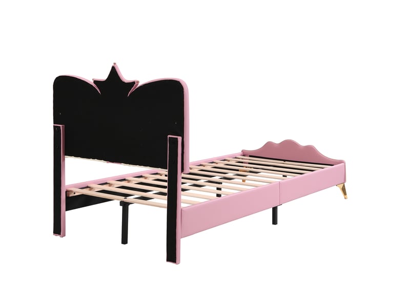  Lit enfant simple princesse 90x200 cm tête couronne bords mousse pieds dorés pu rose et blanc sans matelas  - Conforama R