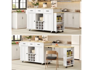 Îlot cuisine mobile 136x50x93 cm, extensible 223 cm, tiroirs, rangée vin, prise usb, blanc chêne