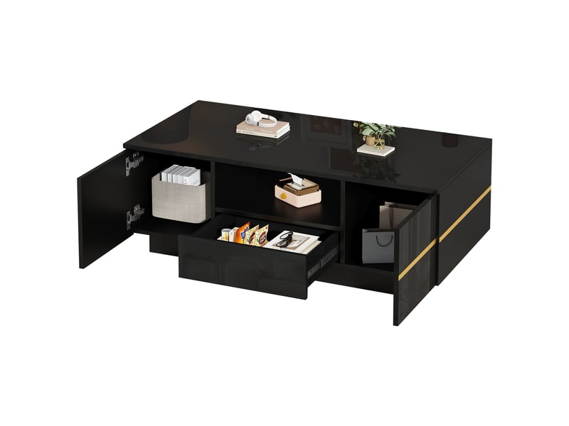  Table basse 100x50x35.5 cm - led intégrée - 2 portes à charnières - tiroir - tablette semi-ouverte - convertible - noir et or ABC - Conforama A