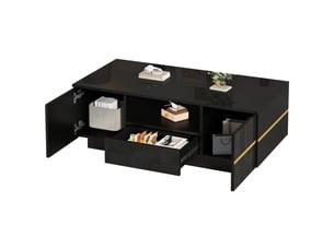 Table basse 100x50x35.5 cm - led intégrée - 2 portes à charnières - tiroir - tablette semi-ouverte - convertible - noir et or