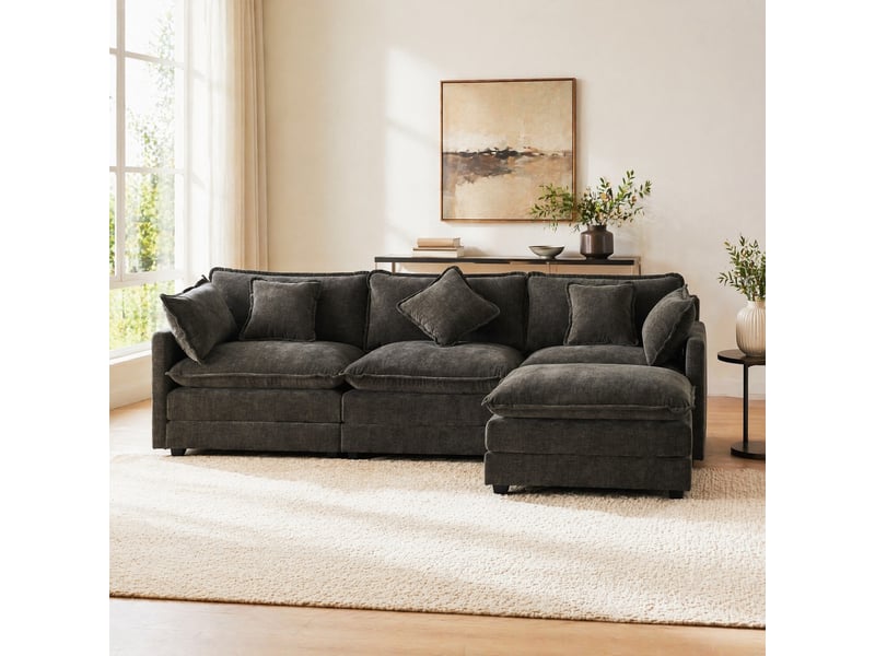  Canapé d'angle réversible 3 places avec pouf mobile et coussin lombaire, en chenille gris foncé 283 × 147 × 84 cm  - Conforama B