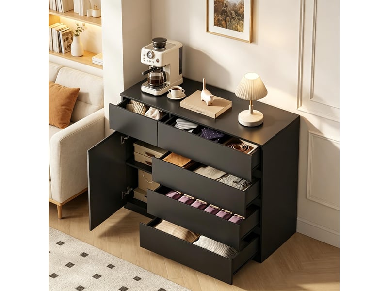 Commode avec 5 tiroirs et 1 porte, étagère réglable, pour chambre, entrée ou cuisine, 100×40×80 cm, noir - Conforama B