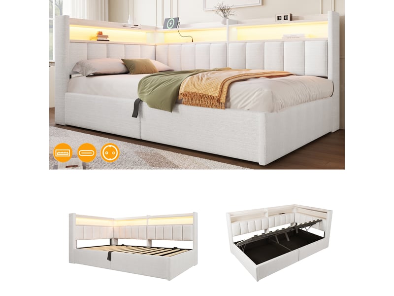  Lit banquette convertible 90x200cm avec rangement à ouverture hydraulique, éclairage led et ports usbusb-c en velours blanc crème  - Conforama B