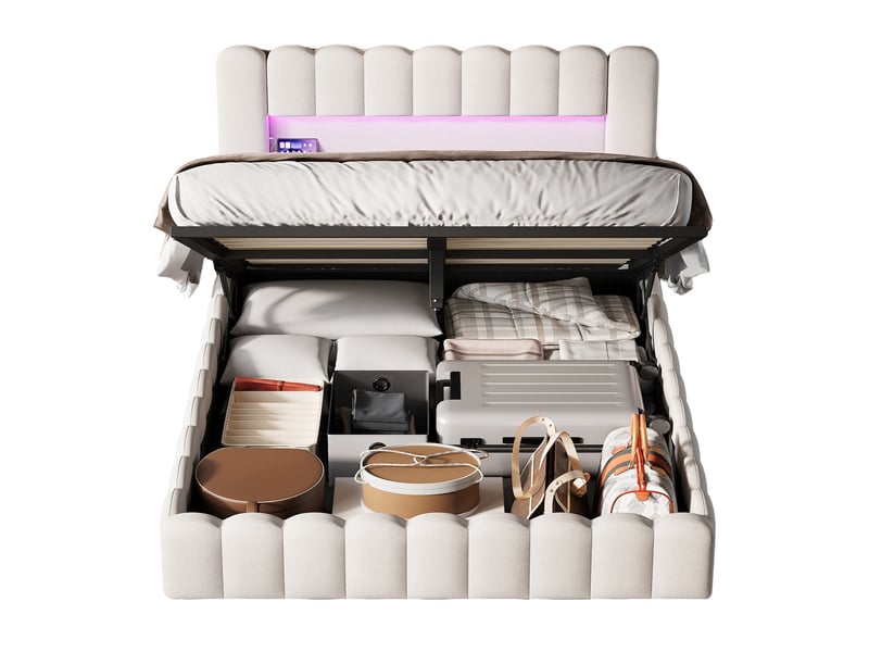  Lit coffre capitonné 140x200 cm, lit 2 places avec sommier, led et usb, rangement et tête de lit, lit adulte en lin, beige  - Conforama A