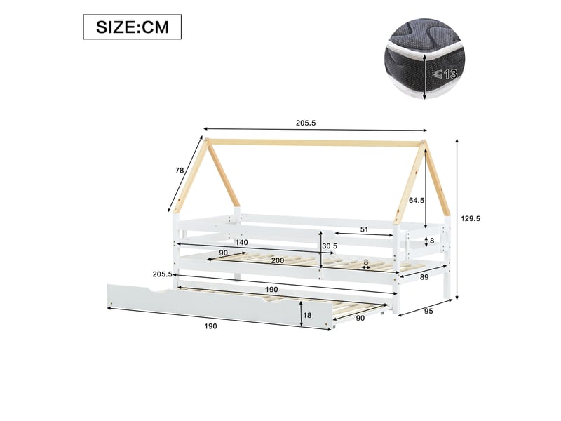 Lit cabane enfant avec lit gigogne 90x200 cm et 90x190 cm, bois, blanc et naturel, sans matelas - Conforama C