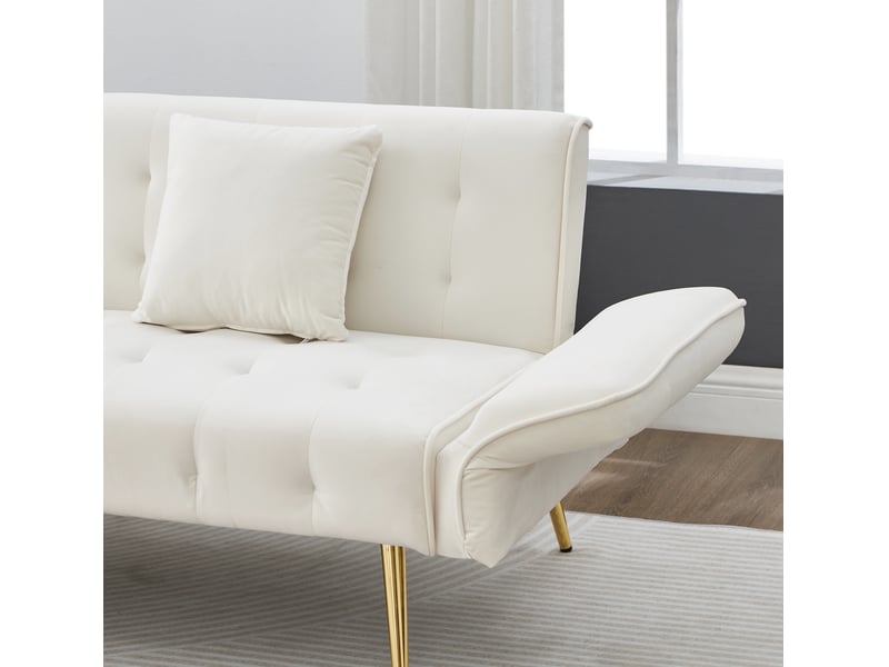  Canapé convertible 2 places velours blanc ancien, dos réglable 3 positions, structure bois et métal doré, design contemporain salon  - Conforama R