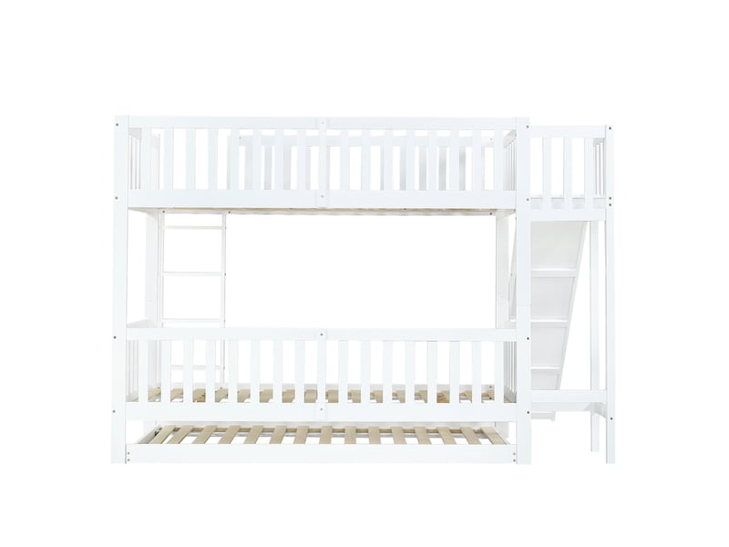  Lit superposé 90x200 cm blanc avec lit gigogne, toboggan, étagères et échelle droite  - Conforama E