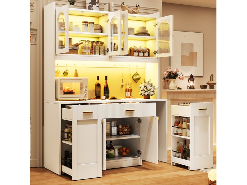 Buffet de cuisine haut avec étagères, 3 vitrines en verre, led rgb et tablettes coulissantes, 120 × 40 × 187 cm - Conforama D