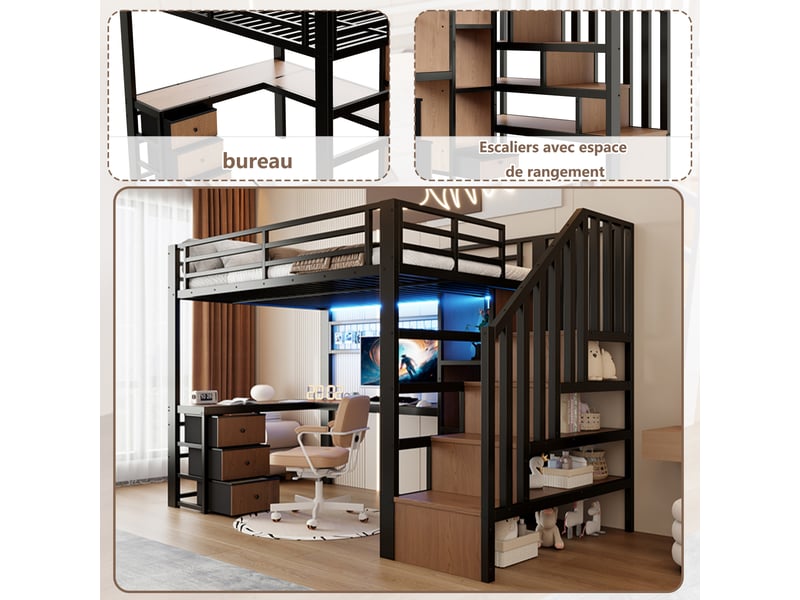  Lit mezzanine enfant 90x200 cm avec bureau, 4 tiroirs, escalier de rangement et éclairage led, cadre métal noir  - Conforama D