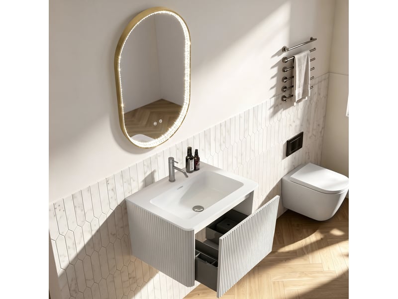  Meuble de salle de bain suspendu 61 x 46,5 cm - blanc - vasque et miroir led antibuée réglable  - Conforama B