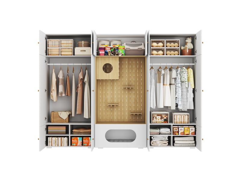 Armoire avec penderie, 11 niches et espace , pour chambre ou entrée, blanc et bois, 270 × 50 × 200 cm - Conforama A