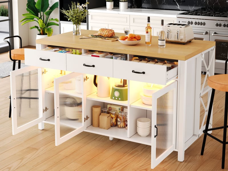  Îlot de cuisine avec 3 tiroirs et portes vitrées, éclairage, pieds réglables, 150x80x90 cm, blanc et naturel  - Conforama B