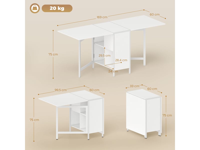  Table de salle à manger pliante à abattants, 4 compartiments, 3 configurations pour cuisine et salon, 169 x 60 x 75 cm, blanche  - Conforama E